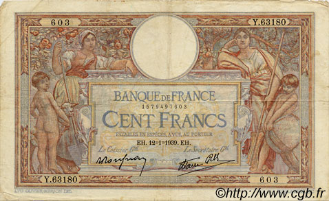 100 Francs LUC OLIVIER MERSON type modifié FRANCE  1939 F.25.39 F+