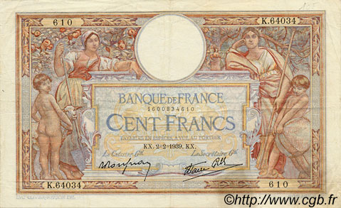 100 Francs LUC OLIVIER MERSON type modifié FRANCE  1939 F.25.41 VF