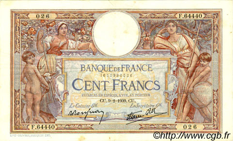 100 Francs LUC OLIVIER MERSON type modifié FRANCIA  1939 F.25.42 BC a MBC