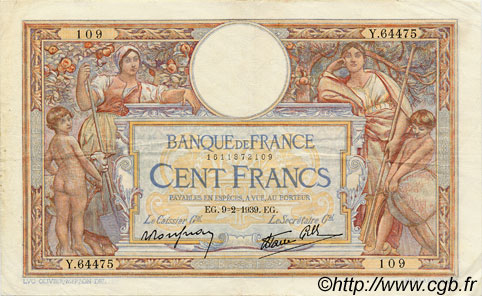 100 Francs LUC OLIVIER MERSON type modifié FRANCIA  1939 F.25.42 MBC