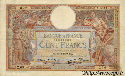 100 Francs LUC OLIVIER MERSON type modifié FRANCIA  1939 F.25.44 MBC