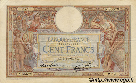 100 Francs LUC OLIVIER MERSON type modifié FRANCIA  1939 F.25.45 q.SPL