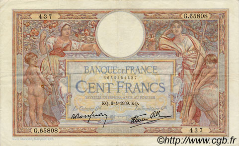 100 Francs LUC OLIVIER MERSON type modifié FRANKREICH  1939 F.25.45 fVZ