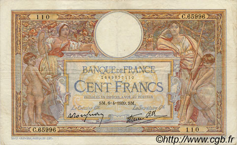 100 Francs LUC OLIVIER MERSON type modifié FRANCIA  1939 F.25.45 MBC+