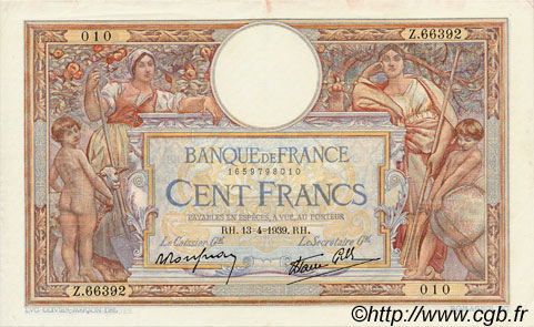100 Francs LUC OLIVIER MERSON type modifié FRANCIA  1939 F.25.46 EBC+