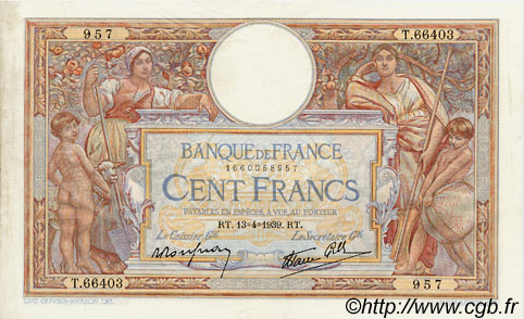 100 Francs LUC OLIVIER MERSON type modifié FRANCIA  1939 F.25.46 EBC