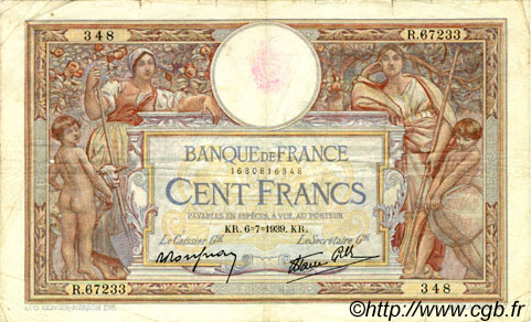 100 Francs LUC OLIVIER MERSON type modifié FRANCIA  1939 F.25.48 q.MB