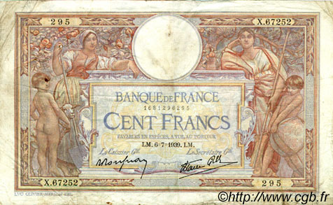 100 Francs LUC OLIVIER MERSON type modifié FRANCE  1939 F.25.48 B+