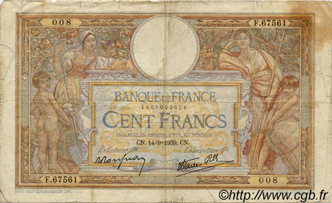 100 Francs LUC OLIVIER MERSON type modifié FRANCIA  1939 F.25.49 RC