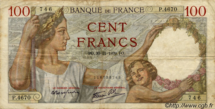 100 Francs SULLY FRANCE  1939 F.26 F