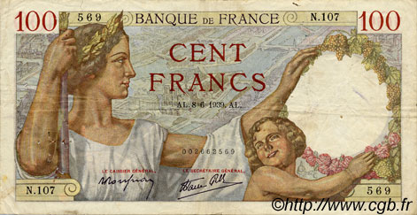 100 Francs SULLY FRANCE  1939 F.26.02 VF-