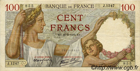 100 Francs SULLY FRANCE  1939 F.26.07 VF