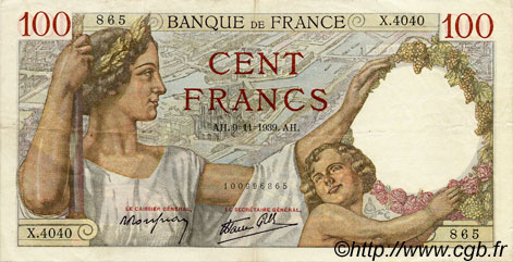 100 Francs SULLY FRANCIA  1939 F.26.14 MBC a EBC