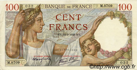 100 Francs SULLY FRANCE  1940 F.26.25 XF-