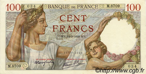 100 Francs SULLY FRANCE  1940 F.26.25 XF+