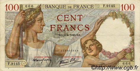 100 Francs SULLY FRANCE  1940 F.26.26 VF