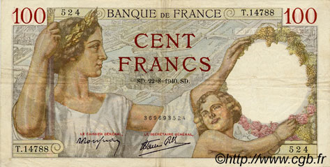 100 Francs SULLY FRANCE  1940 F.26.37 VF