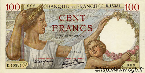 100 Francs SULLY FRANCE  1940 F.26.38 XF