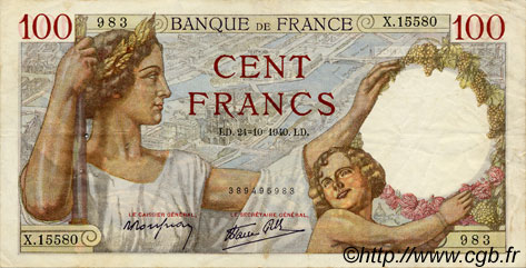 100 Francs SULLY FRANKREICH  1940 F.26.39 fVZ