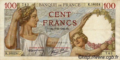 100 Francs SULLY FRANKREICH  1940 F.26.40 fVZ