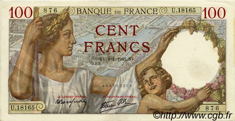 100 Francs SULLY FRANKREICH  1941 F.26.44 fST