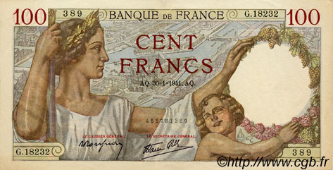 100 Francs SULLY FRANCE  1941 F.26.45 XF