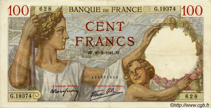 100 Francs SULLY FRANKREICH  1941 F.26.47 VZ+