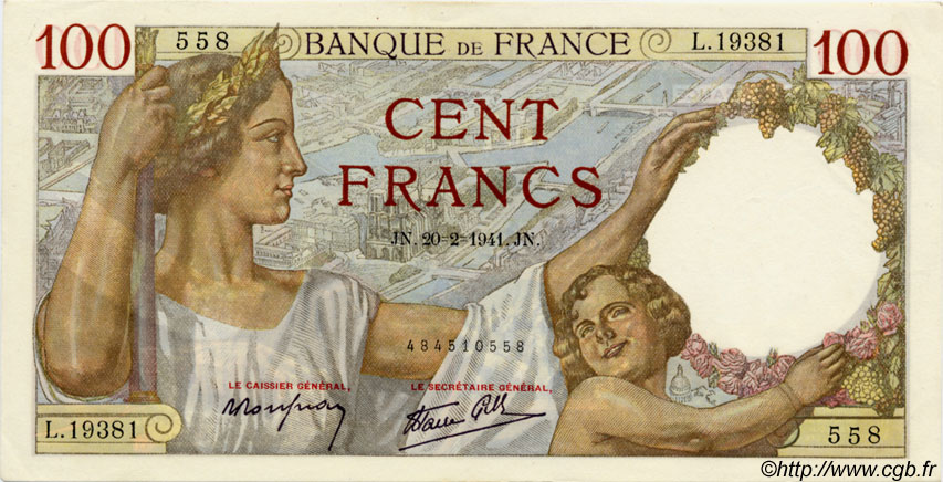 100 Francs SULLY FRANCIA  1941 F.26.47 q.FDC