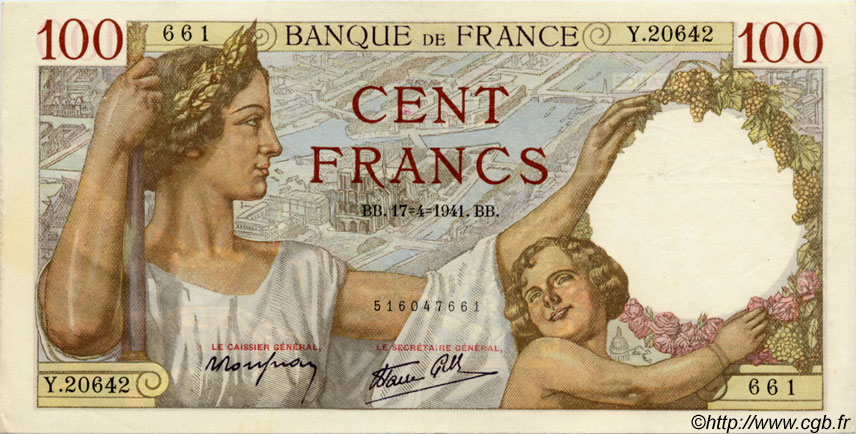 100 Francs SULLY FRANCE  1941 F.26.50 SUP