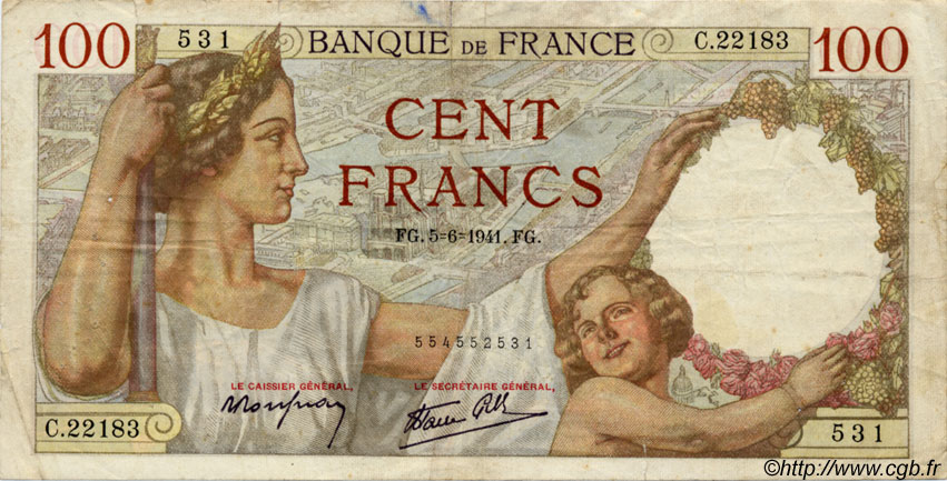 100 Francs SULLY FRANKREICH  1941 F.26.53 S