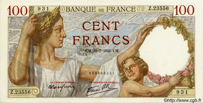 100 Francs SULLY FRANCE  1941 F.26.56 AU