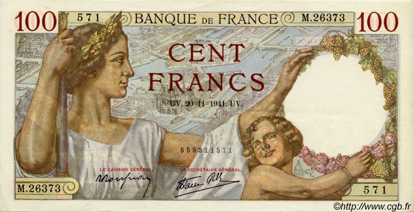 100 Francs SULLY FRANKREICH  1941 F.26.61 VZ to fST