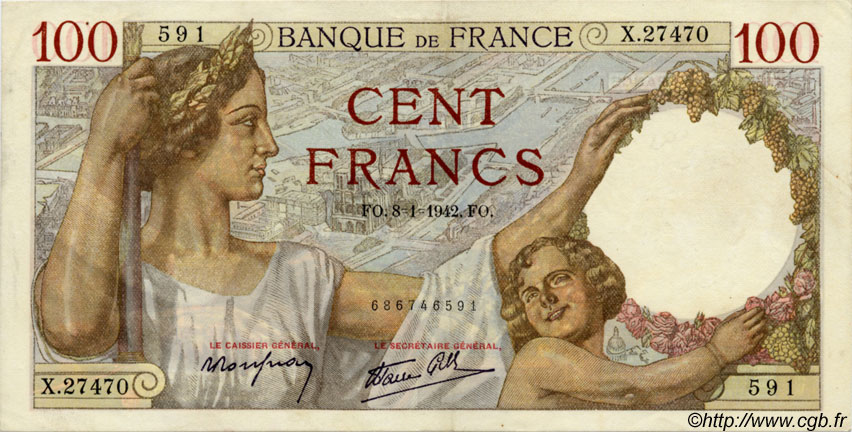 100 Francs SULLY FRANCE  1942 F.26.64 XF+