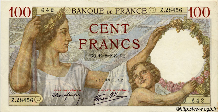 100 Francs SULLY FRANCIA  1942 F.26.66 MBC+
