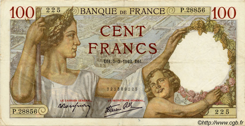 100 Francs SULLY FRANCE  1942 F.26.67 VF+