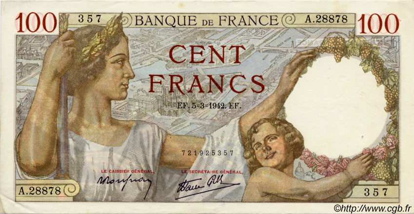 100 Francs SULLY FRANCE  1942 F.26.67 XF