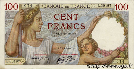 100 Francs SULLY FRANCE  1942 F.26.69 AU-