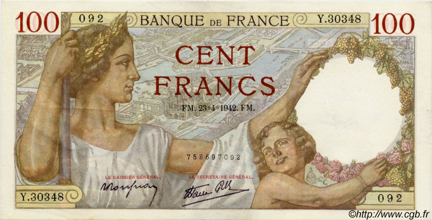 100 Francs SULLY FRANCIA  1942 F.26.70 EBC