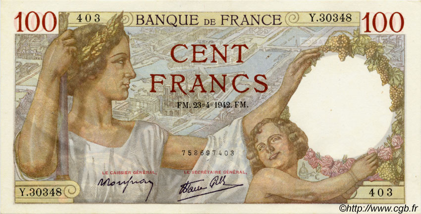 100 Francs SULLY FRANCE  1942 F.26.70 AU-