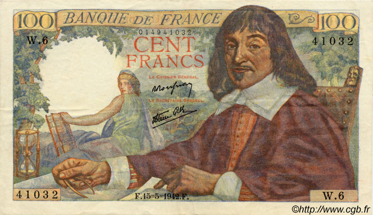 100 Francs DESCARTES FRANKREICH  1942 F.27.01 fVZ to VZ