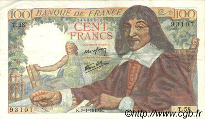 100 Francs DESCARTES FRANKREICH  1943 F.27.03 fVZ