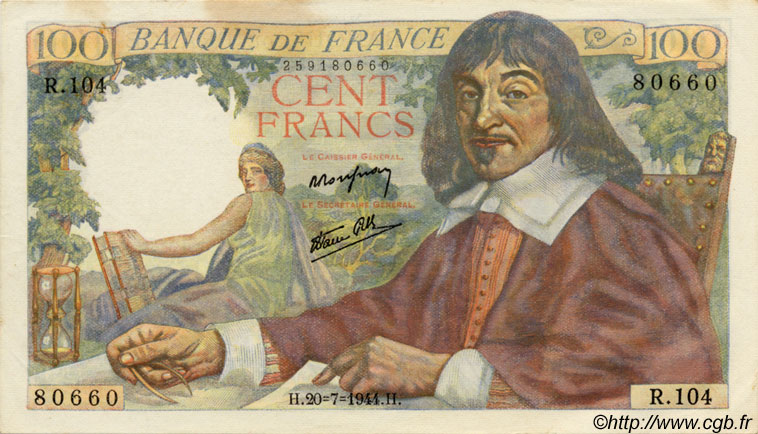 100 Francs DESCARTES FRANCE  1944 F.27.06 SUP+
