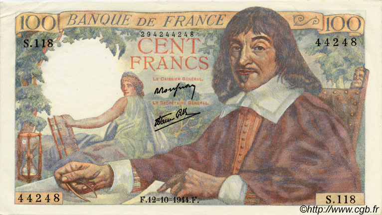 100 Francs DESCARTES FRANCE  1944 F.27.08 AU+