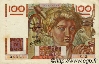 100 Francs JEUNE PAYSAN FRANKREICH  1945 F.28.01 fVZ