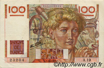 100 Francs JEUNE PAYSAN FRANCE  1945 F.28.01 VF+