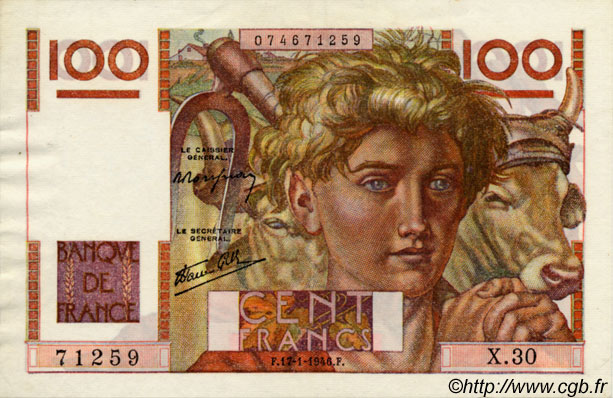 100 Francs JEUNE PAYSAN FRANKREICH  1946 F.28.02 VZ