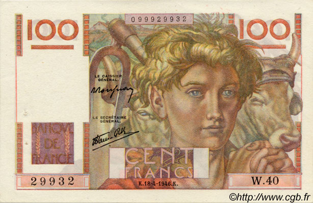 100 Francs JEUNE PAYSAN FRANCE  1946 F.28.03 AU-