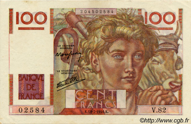 100 Francs JEUNE PAYSAN FRANKREICH  1946 F.28.07 VZ