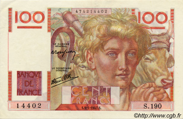 100 Francs JEUNE PAYSAN FRANCIA  1947 F.28.13 EBC a SC