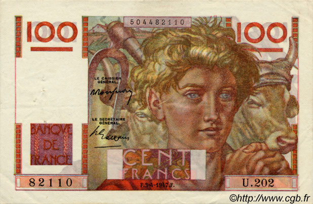 100 Francs JEUNE PAYSAN FRANKREICH  1947 F.28.14 fVZ